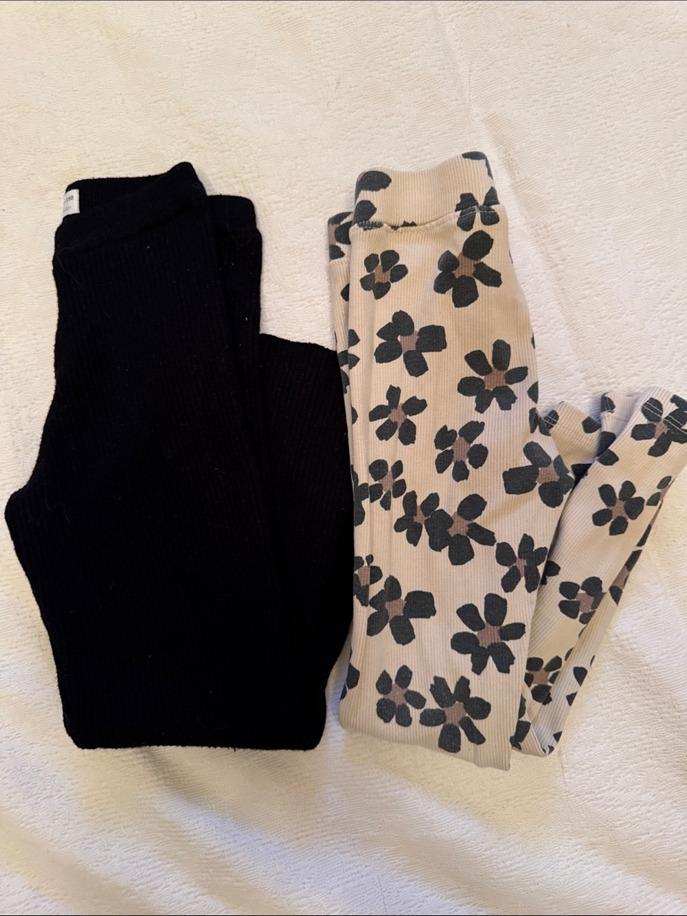 Girls Zara Black Ribbed wide leg Leggings & Cream leopard Print Leggings Set